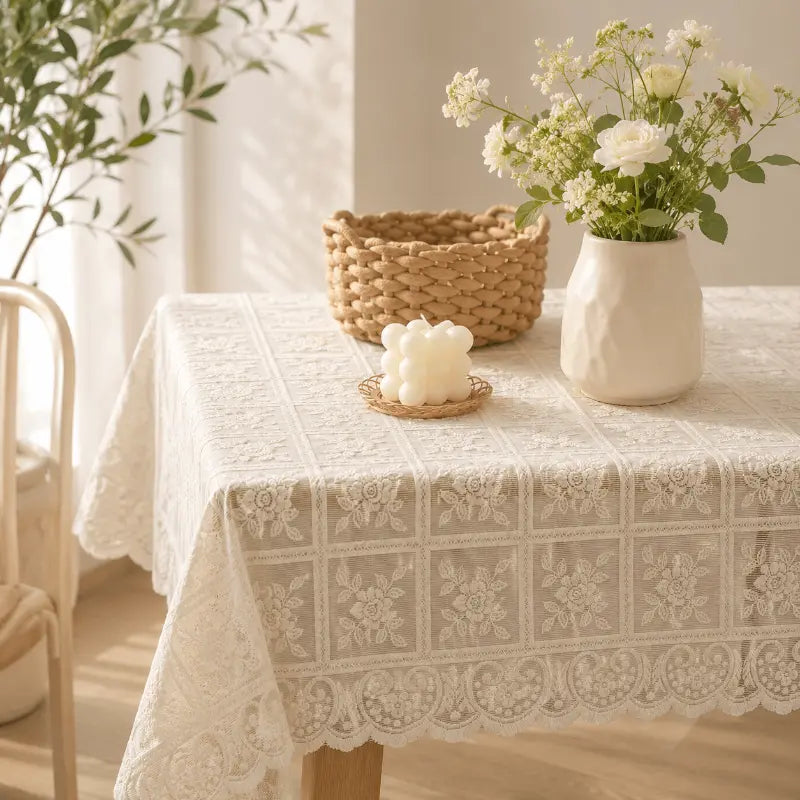 Antique lace embroidered tablecloth for elegant dining table décor