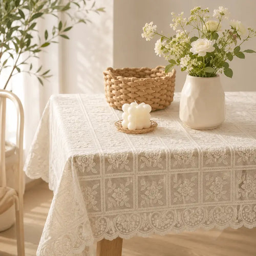 Antique lace embroidered tablecloth for elegant dining table décor