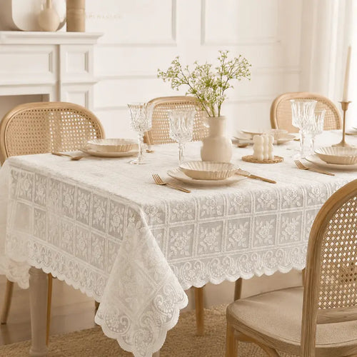 Antique lace embroidered tablecloth for elegant dining table décor