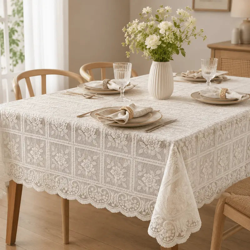 Antique lace embroidered tablecloth for elegant dining table décor