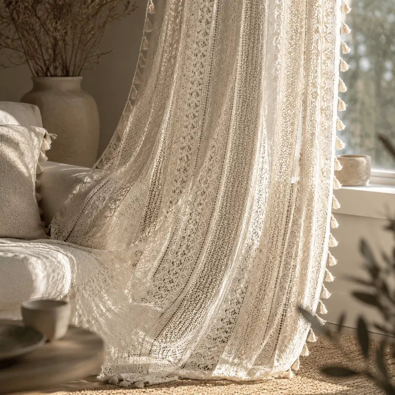Boho tassel sheer curtains for living room and bedroom décor