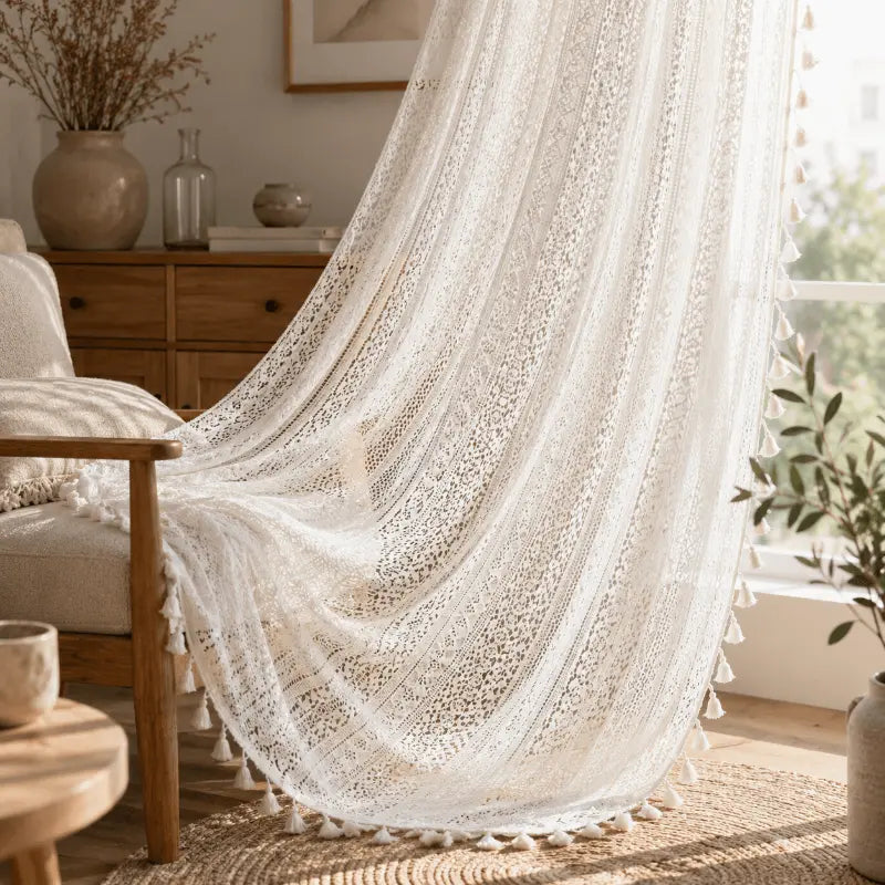 Boho tassel sheer curtains for living room and bedroom décor