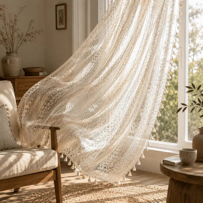 Boho tassel sheer curtains for living room and bedroom décor