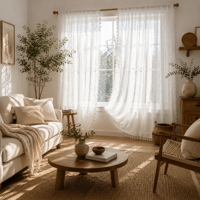 Boho tassel sheer curtains for living room and bedroom décor