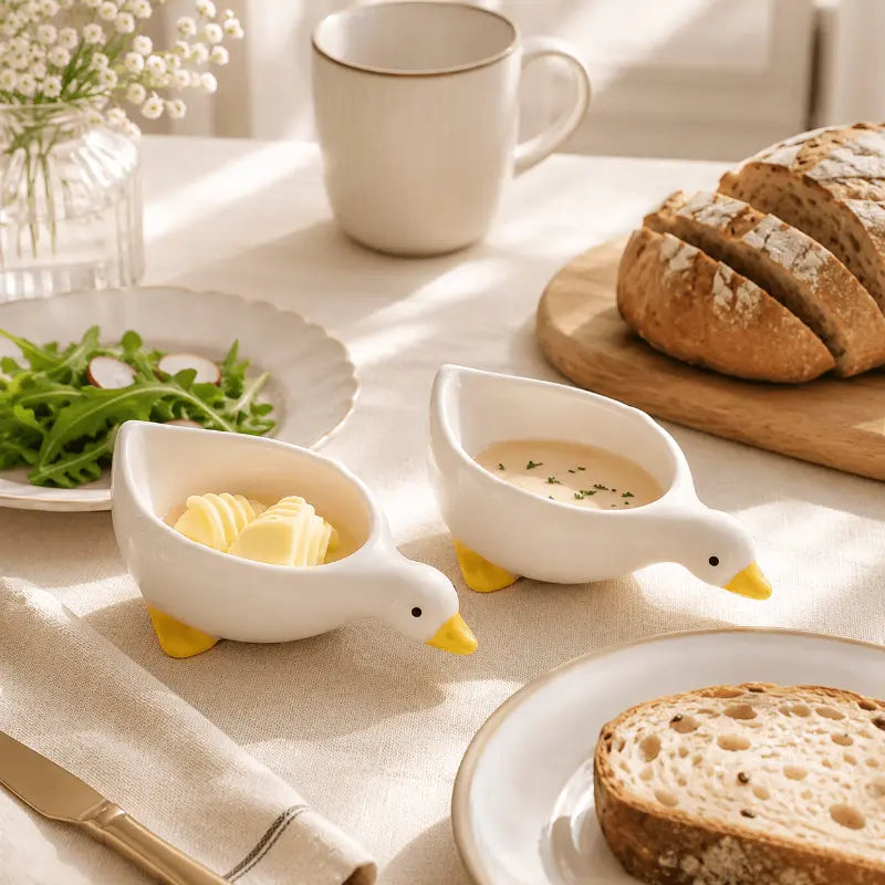 Ceramic duck serving bowl set for elegant dining table presentation