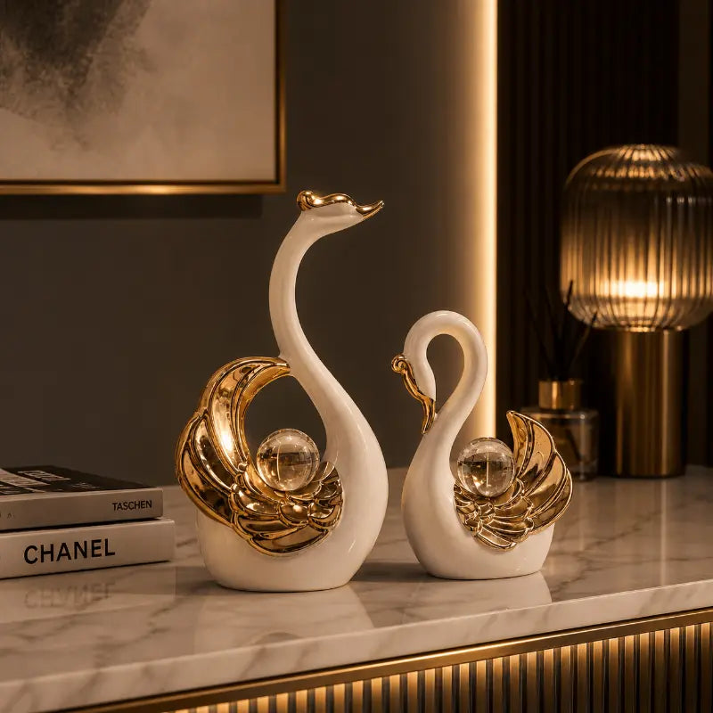 Luxury ceramic swan sculpture set for elegant home décor