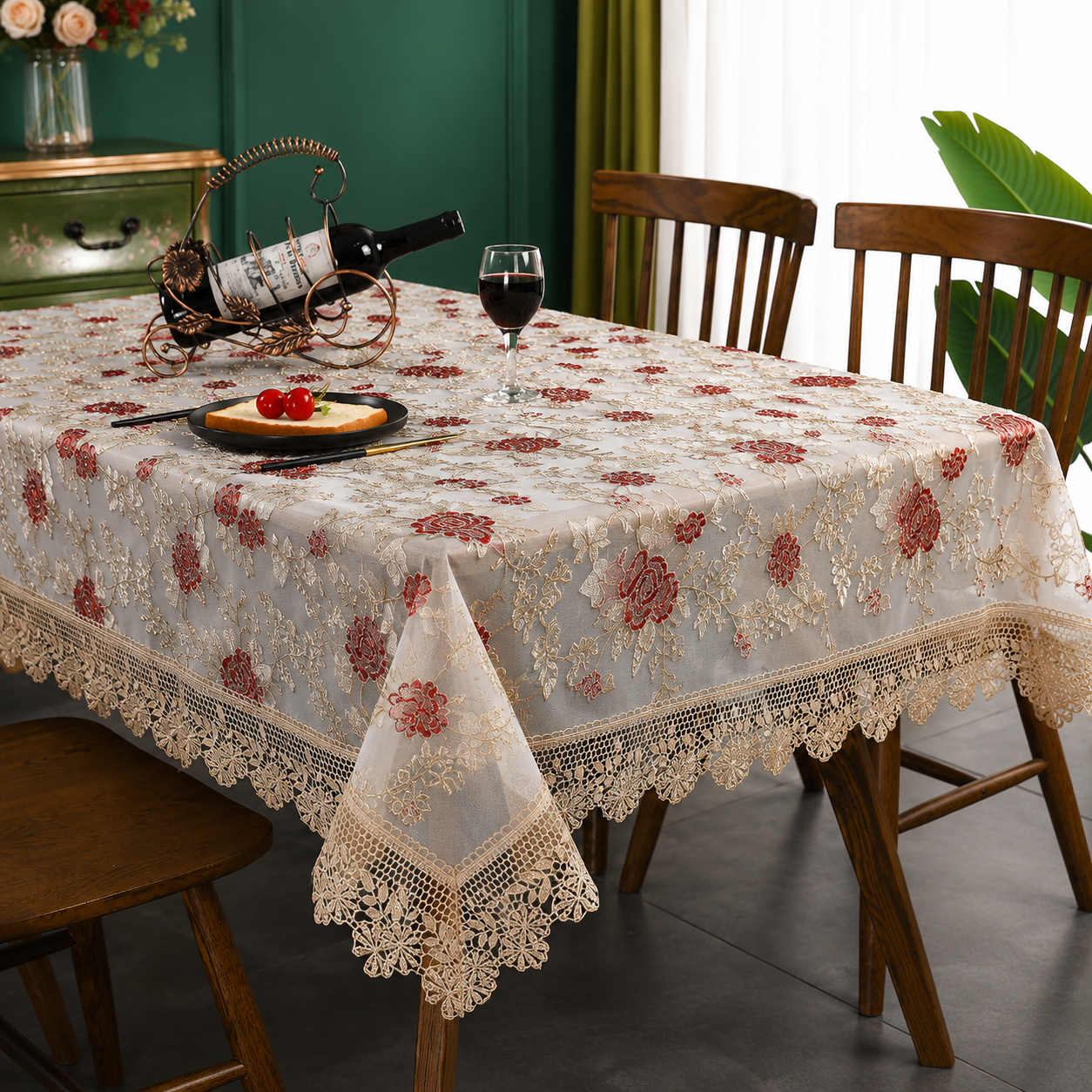 Luxury Embroidered Lace Tablecloth – Elegant Rectangular Table Cover
