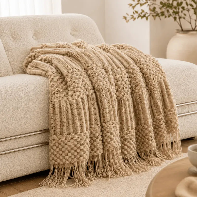 Chunky knit tassel throw blanket for living room and bedroom décor