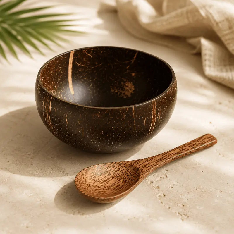 Coconut bowl with wooden spoon set for natural dining and table presentation