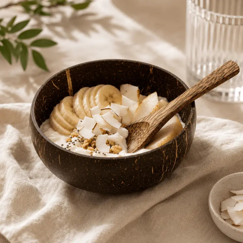 Coconut bowl with wooden spoon set for natural dining and table presentation