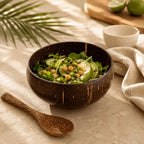 Coconut bowl with wooden spoon set for natural dining and table presentation