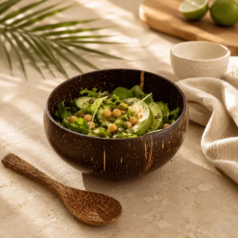 Coconut bowl with wooden spoon set for natural dining and table presentation