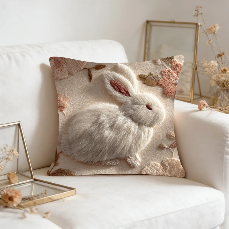Easter Bunny Cushion Cover – Embroidered Decorative Pillow Case
