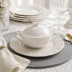 Embossed covered porcelain bowl for elegant dining and table presentation