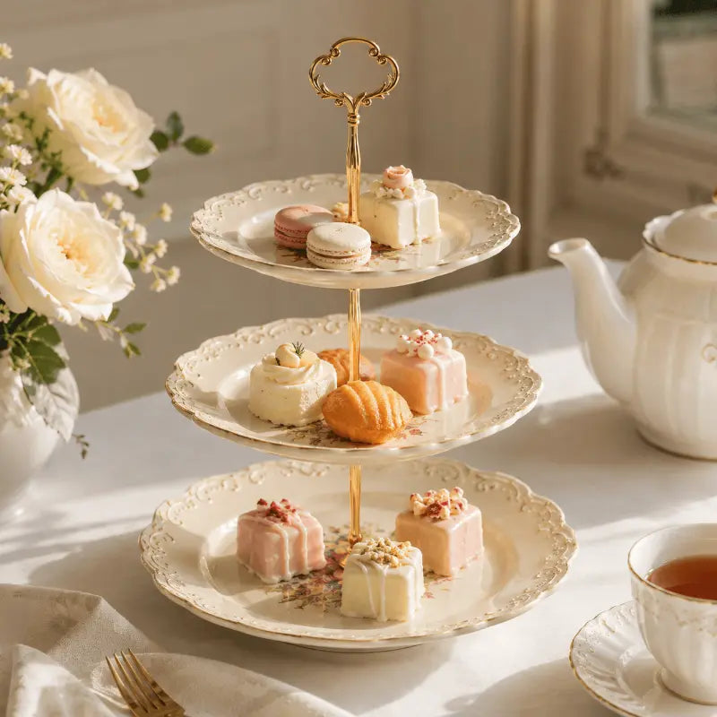 Embossed porcelain tiered serving stand for elegant table presentation