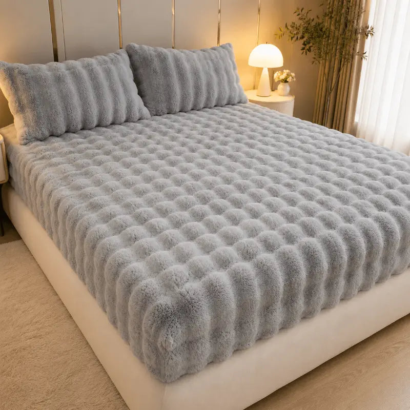 Fluffy plush fitted bed sheet for a warm and comfortable bedroom