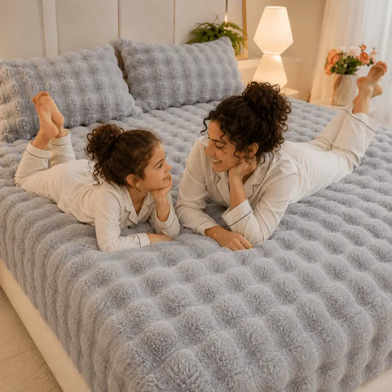 Fluffy plush fitted bed sheet for a warm and comfortable bedroom