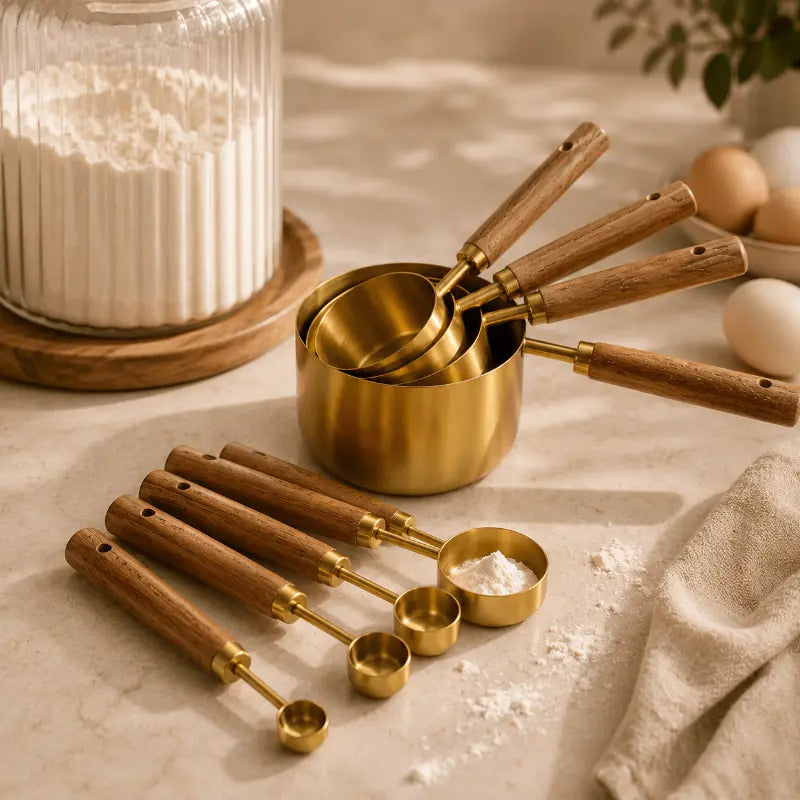 Gold measuring spoon set for elegant cooking and baking preparation