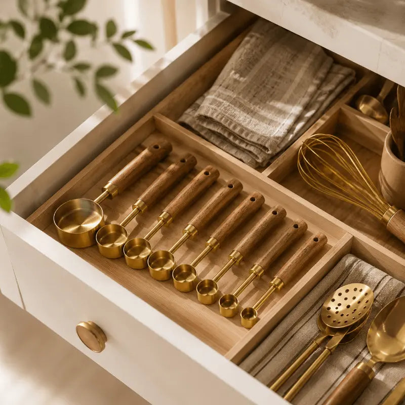Gold measuring spoon set for elegant cooking and baking preparation