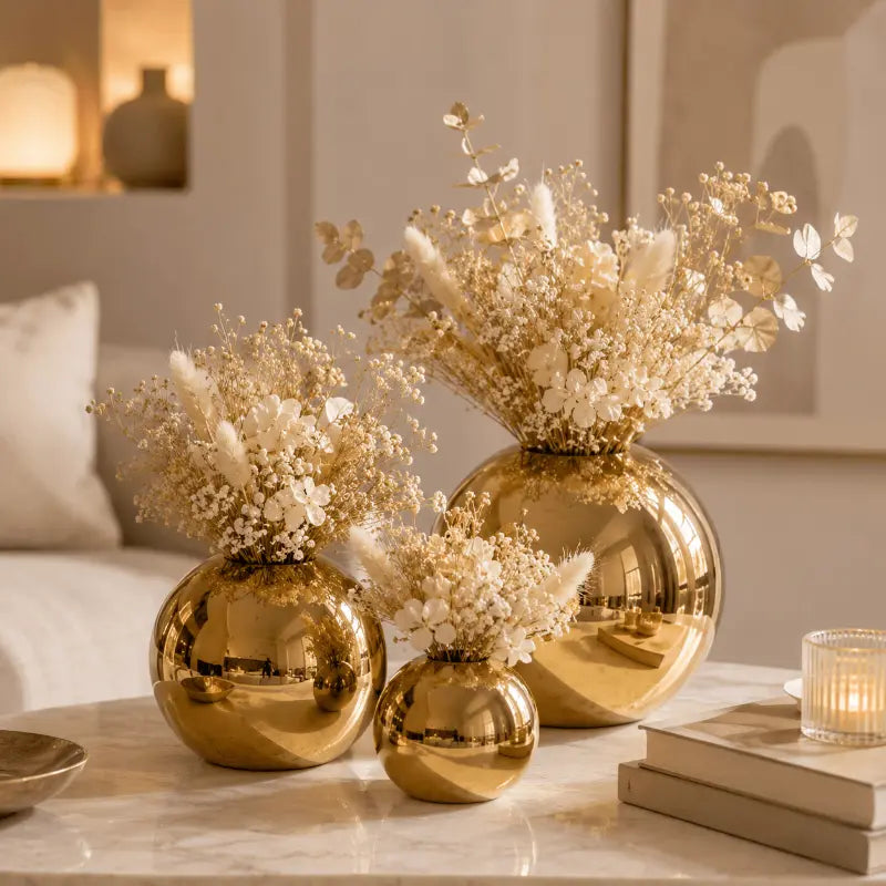 Golden sphere ceramic vase set for elegant home décor