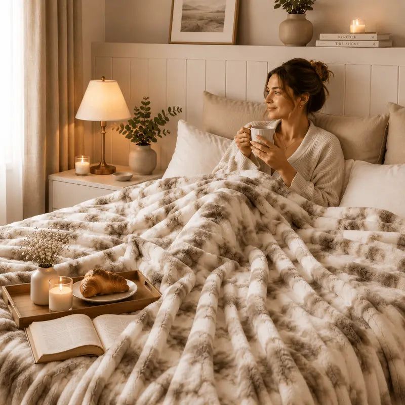 Luxurious faux rabbit fur blanket for living room and bedroom décor