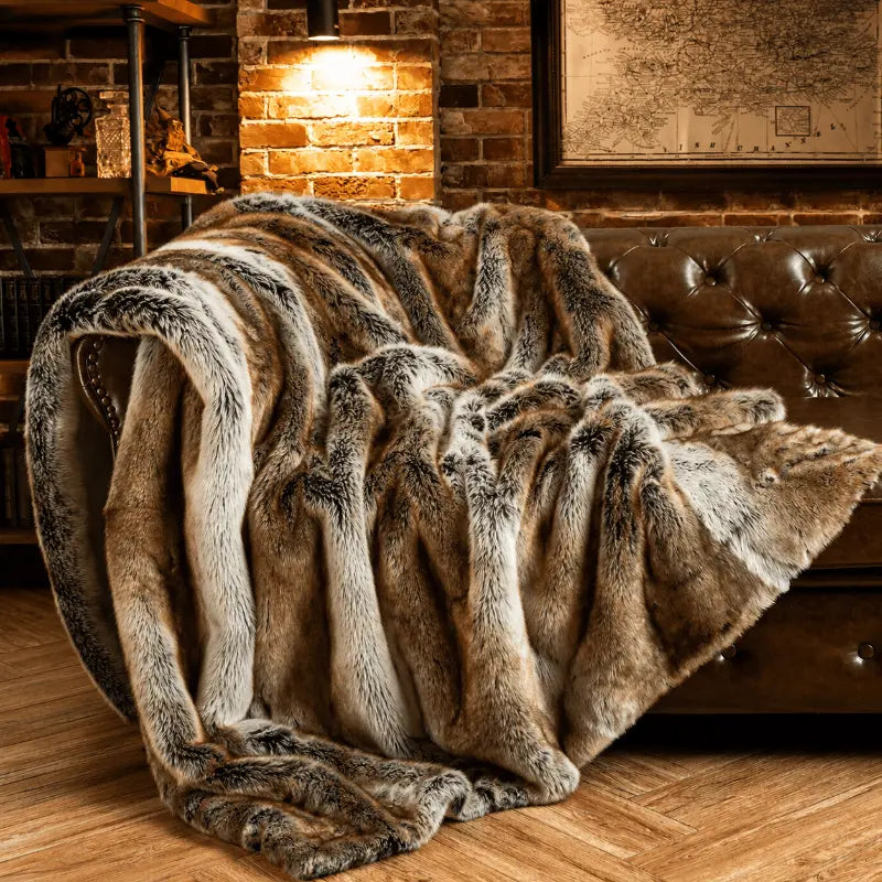 Luxury faux fur plaid throw blanket for living room and bedroom décor