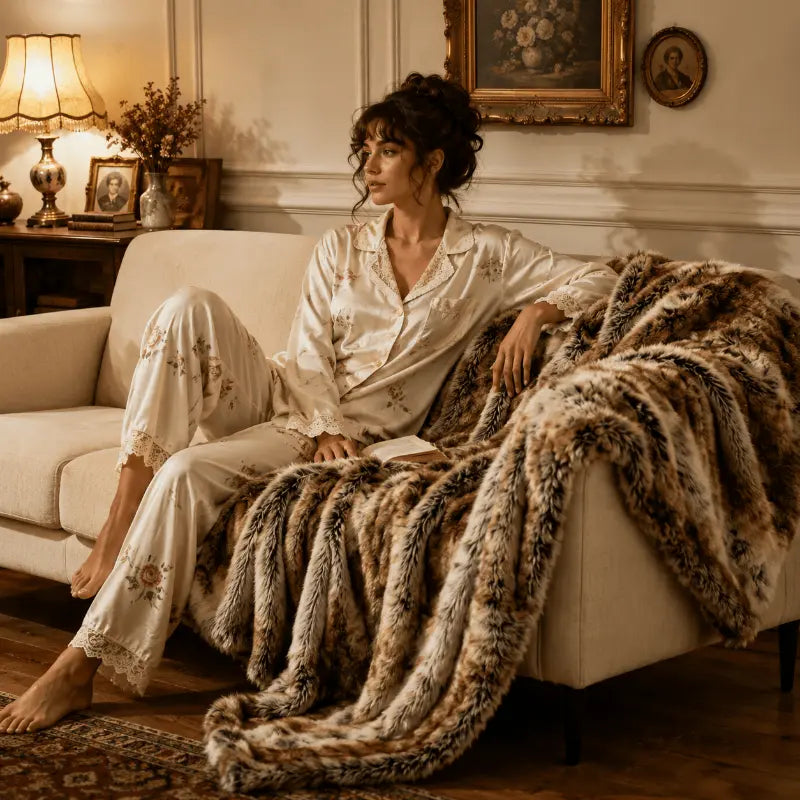 Luxury faux fur plaid throw blanket for living room and bedroom décor