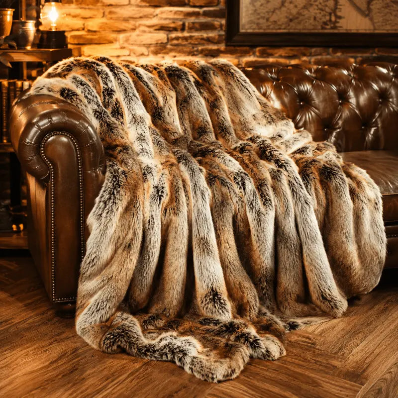 Luxury faux fur plaid throw blanket for living room and bedroom décor