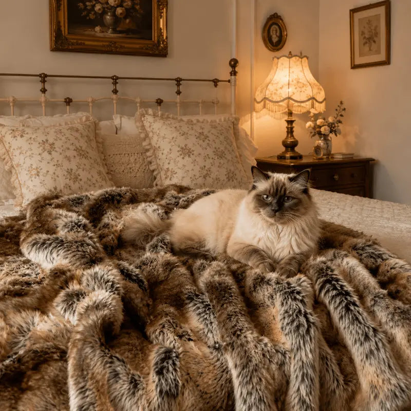 Luxury faux fur plaid throw blanket for living room and bedroom décor