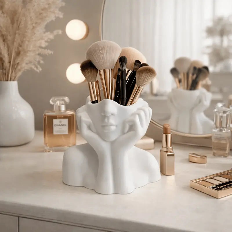 Decorative face design makeup brush holder and cosmetic organizer for modern home décor