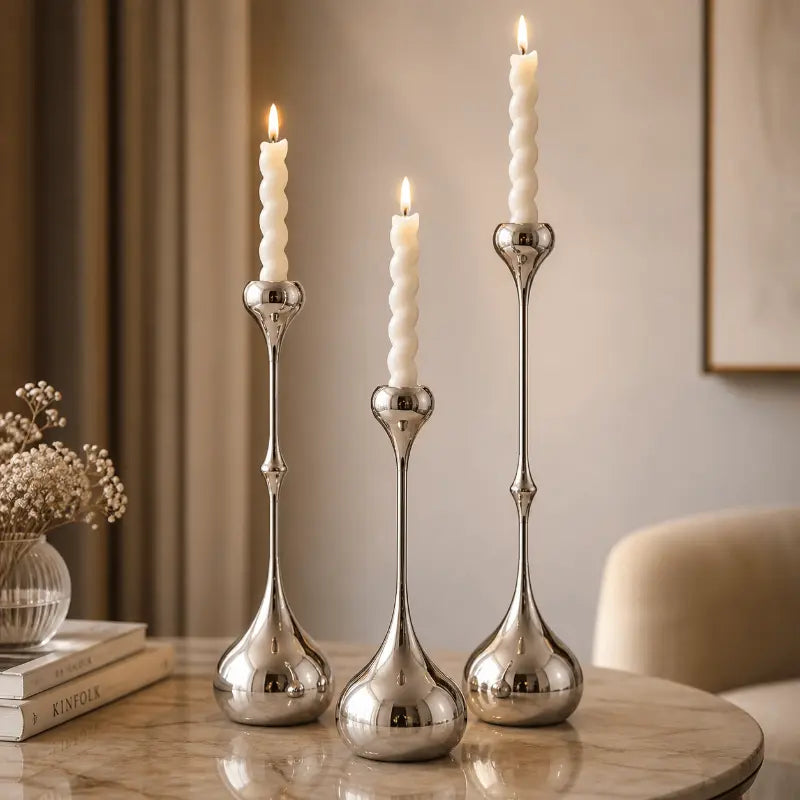 Modern silver metal candle holder set for minimalist home décor