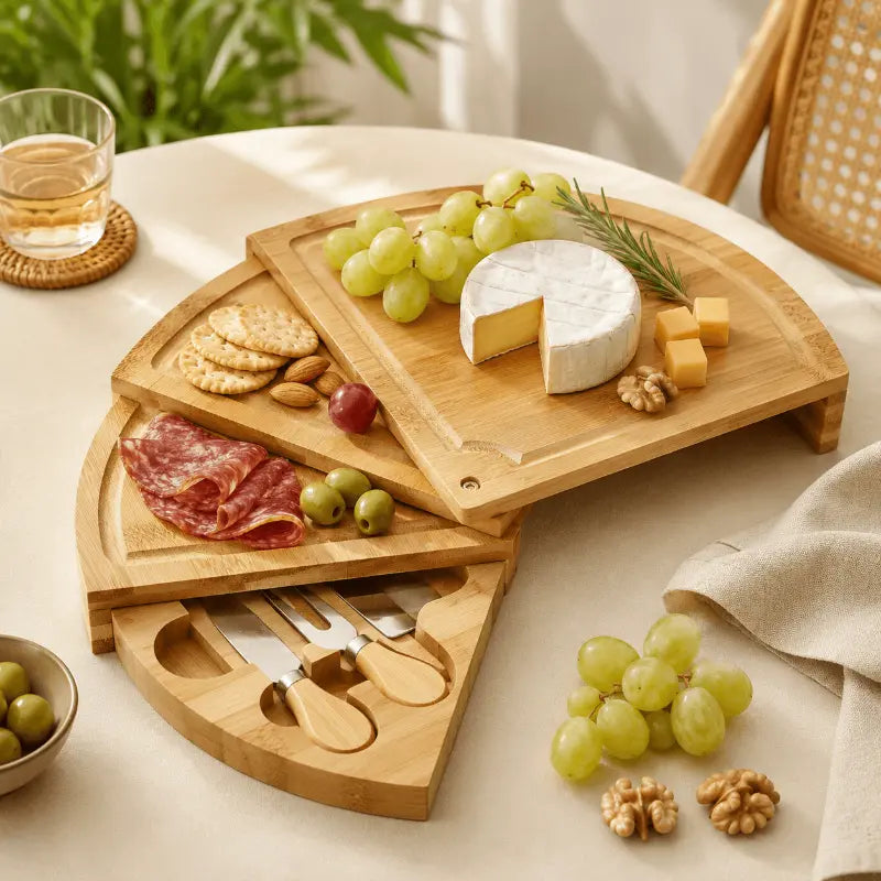 Rotating bamboo cheese board set for elegant food presentation and entertaining