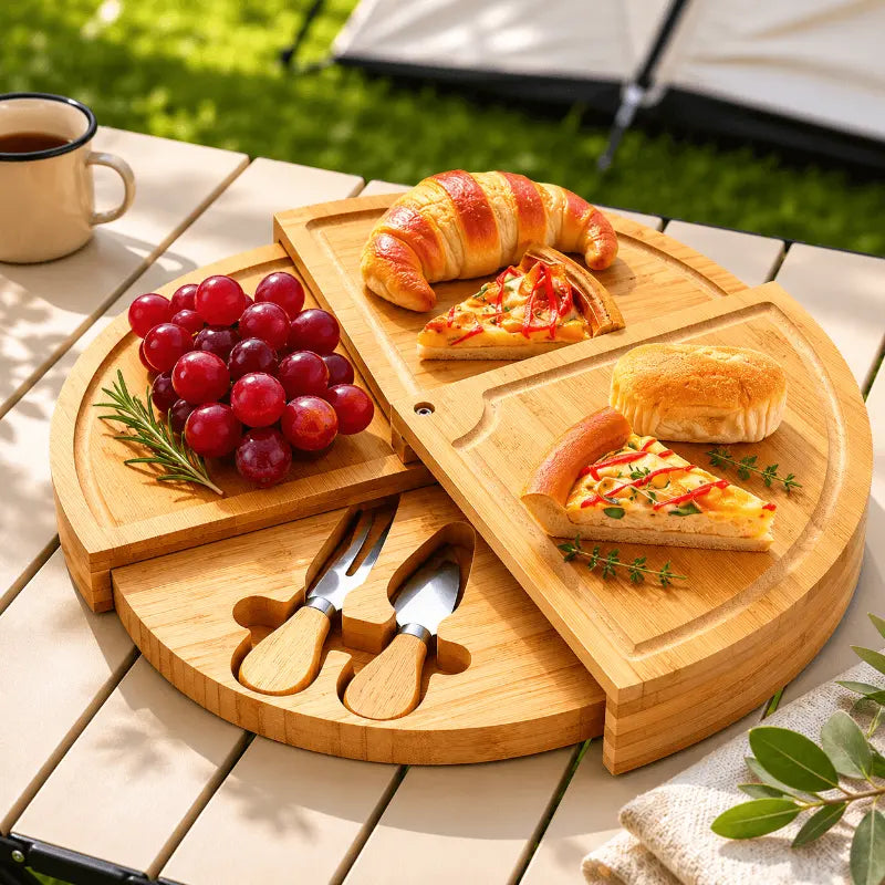 Rotating bamboo cheese board set for elegant food presentation and entertaining