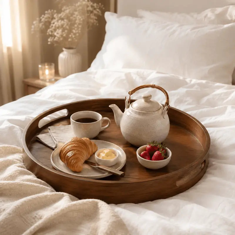 Round bamboo serving tray for dining table and home décor