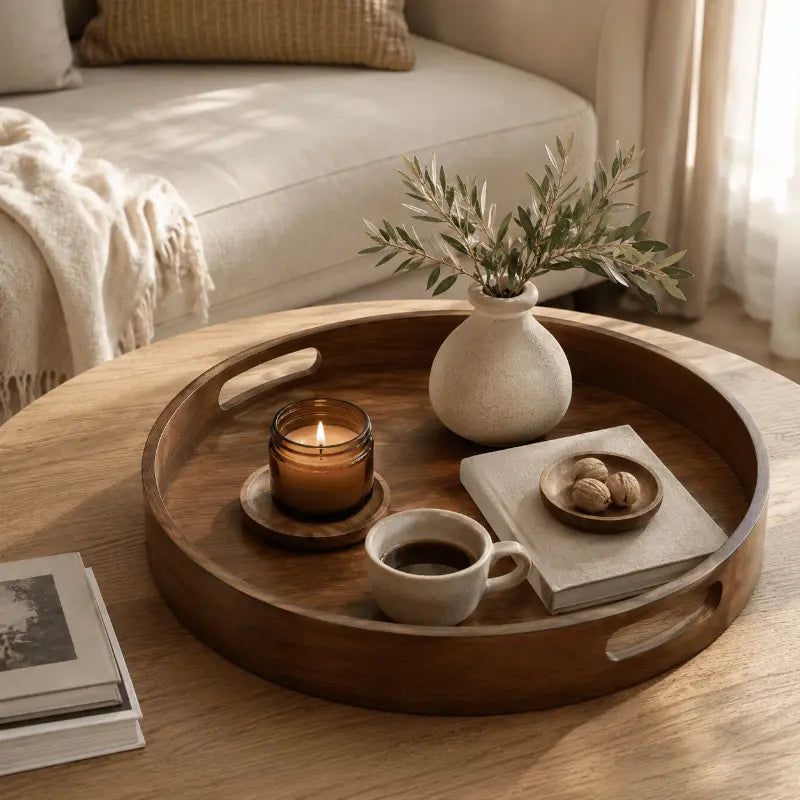 Round bamboo serving tray for dining table and home décor
