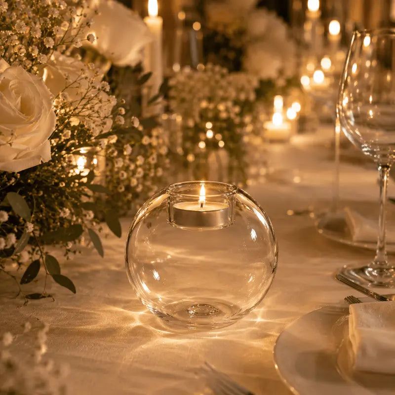 Round glass candle holder for elegant table and home décor