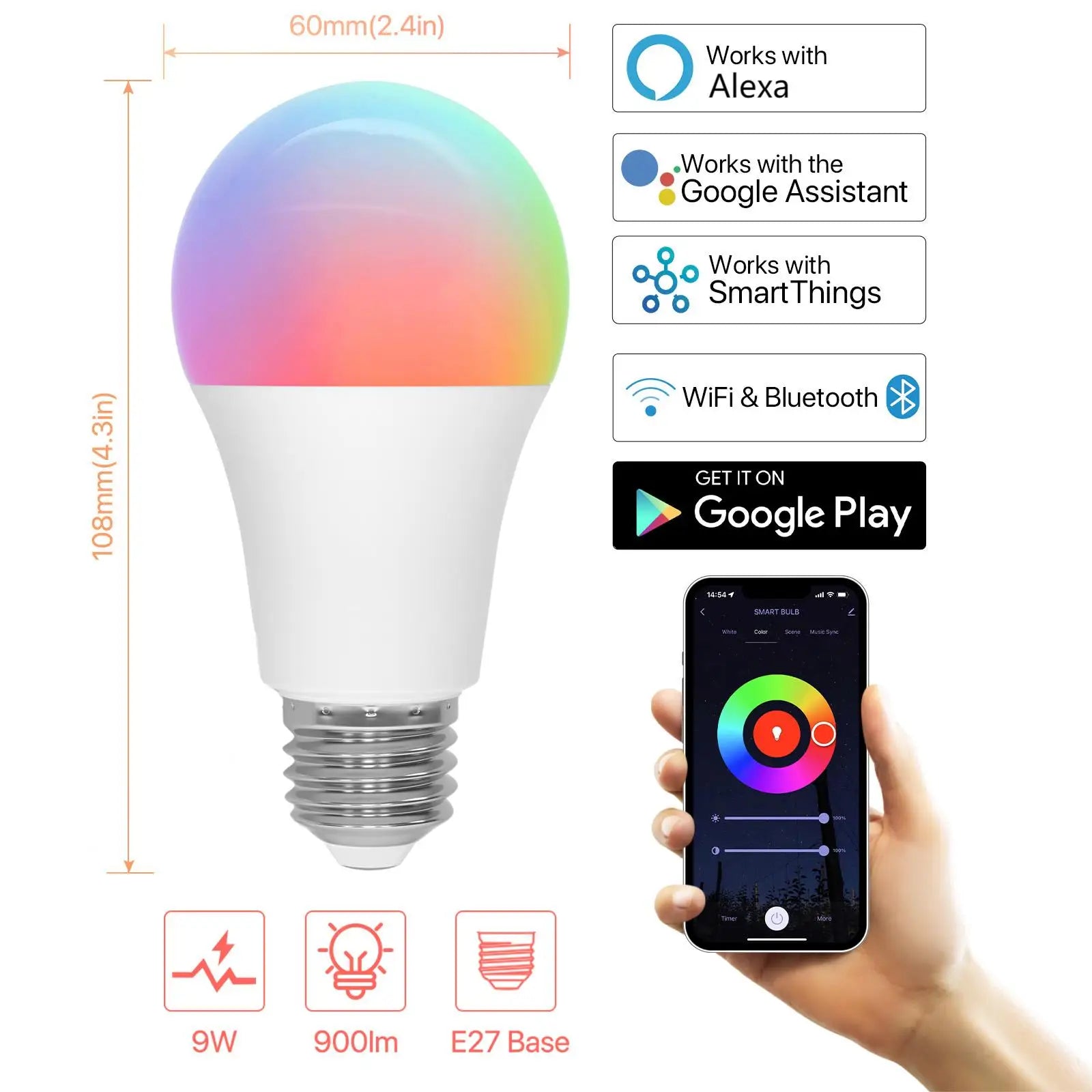 2PCS Tuya Smart LED Bulb E27 9W 900lm RGBCW Color Changing AC220V Bluetooth WiFi Alexa/Google Home Compatible Screw Light Bulbs