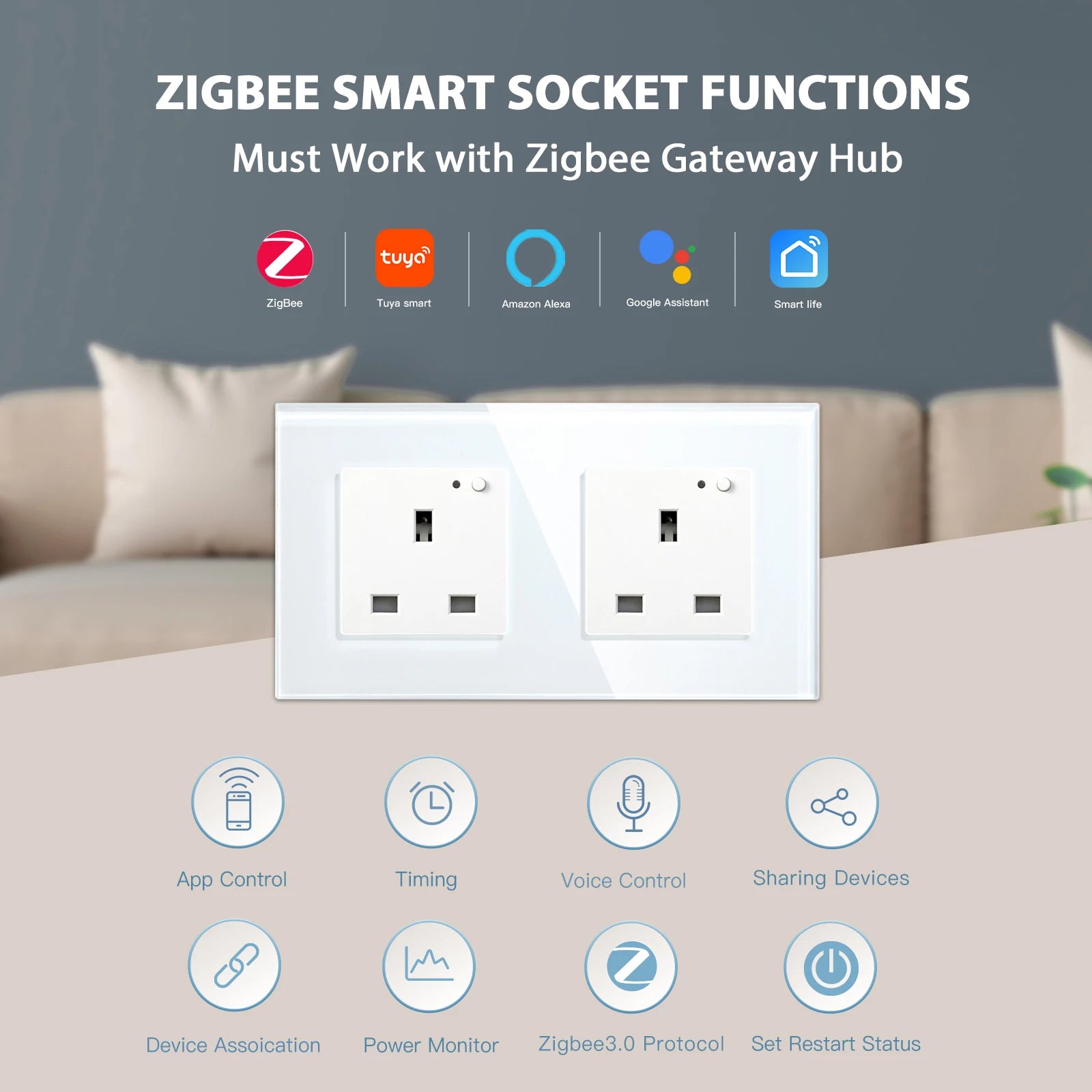 BSEED Zigbee Single UK Smart Socket Double Intelligent Wall Sockets Triple Electric Outlets Tuya Smart Life Alexa Control 13A