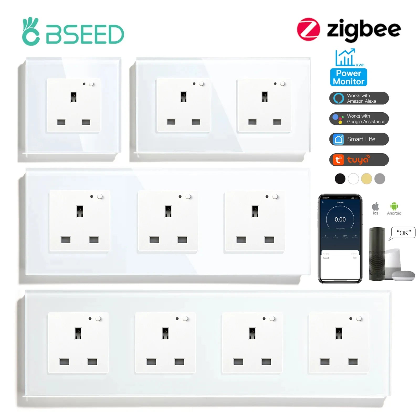 BSEED Zigbee Single UK Smart Socket Double Intelligent Wall Sockets Triple Electric Outlets Tuya Smart Life Alexa Control 13A