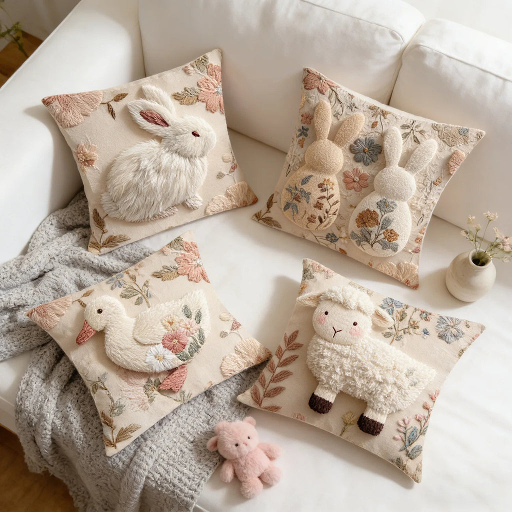 Easter Bunny Cushion Cover – Embroidered Decorative Pillow Case