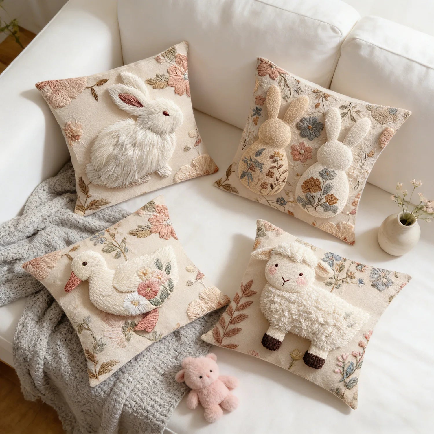 Easter Bunny Cushion Cover – Embroidered Decorative Pillow Case