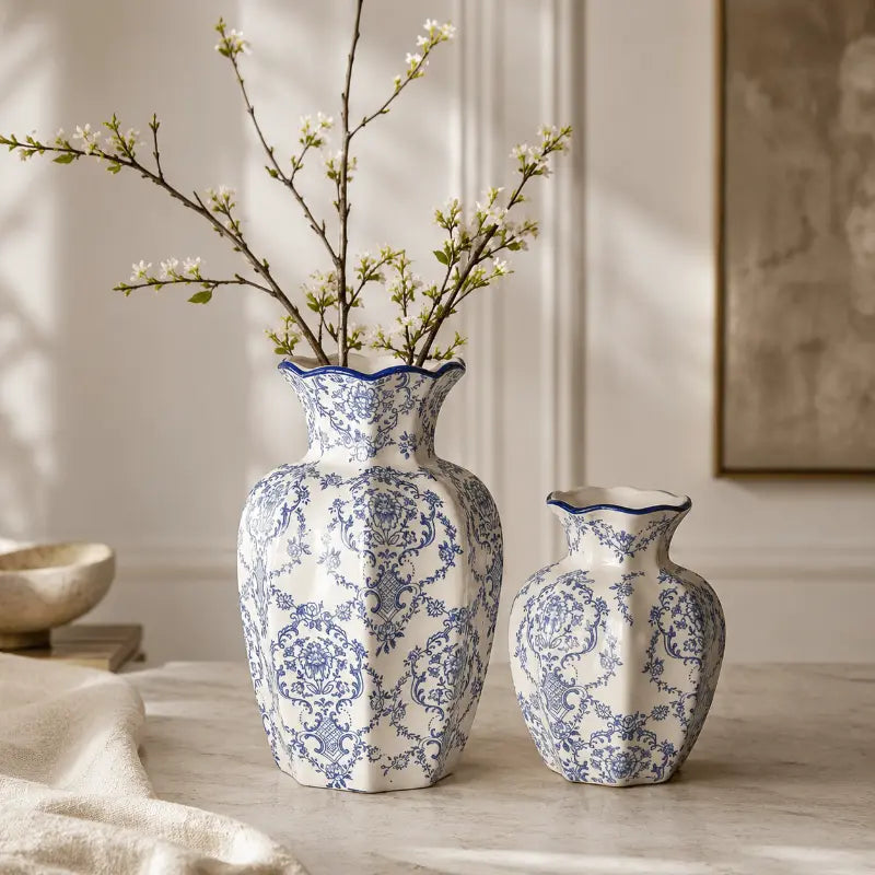 Vintage blue and white ceramic vase set for elegant home décor