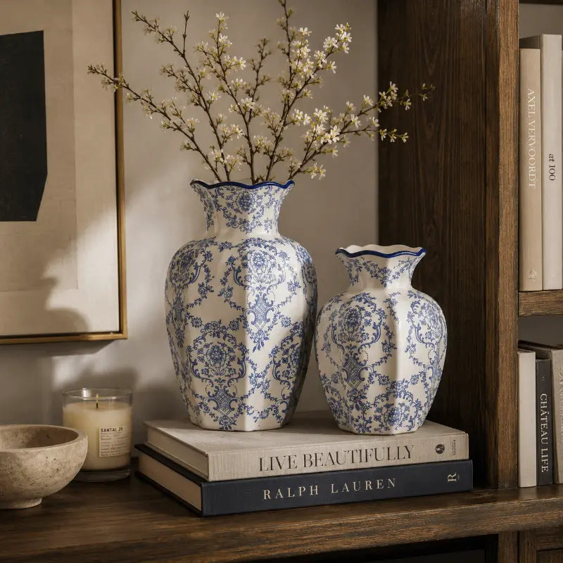 Vintage blue and white ceramic vase set for elegant home décor