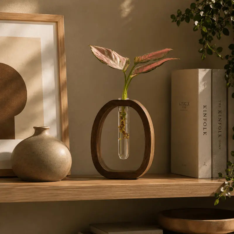 Wood and glass flower vase for modern home décor