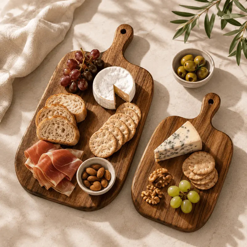 Wood serving board set for elegant food presentation and dining table décor