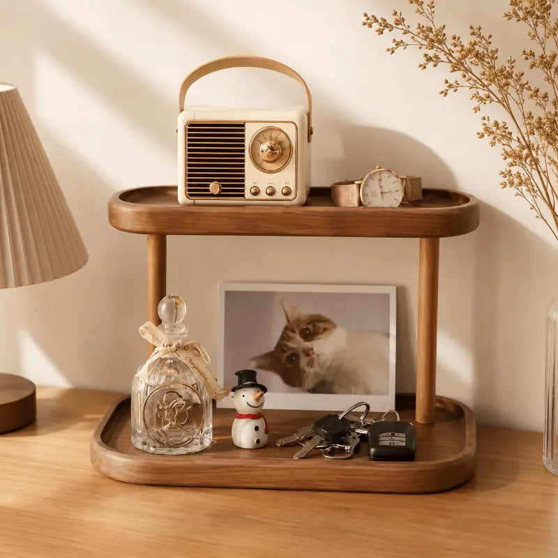 Wooden countertop display shelf for stylish home organisation and décor