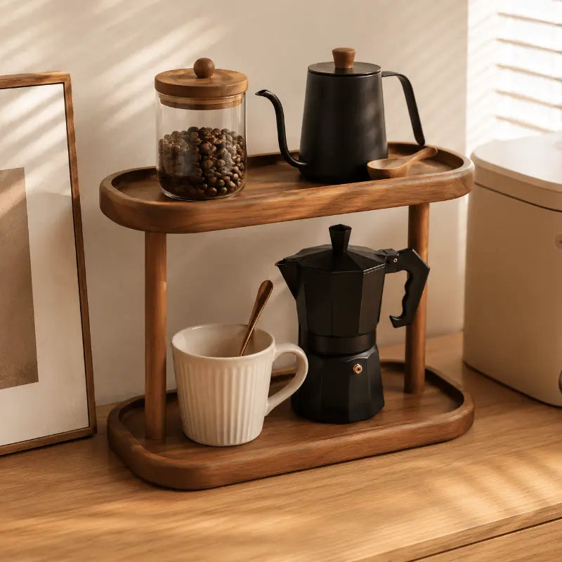 Wooden countertop display shelf for stylish home organisation and décor