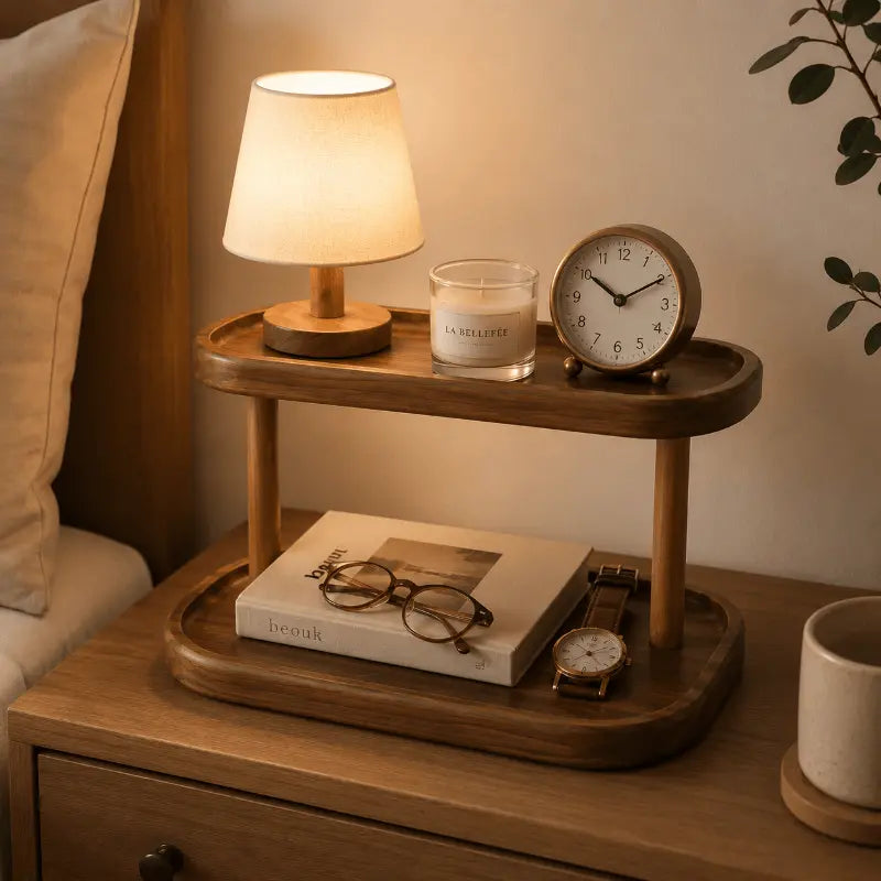 Wooden countertop display shelf for stylish home organisation and décor