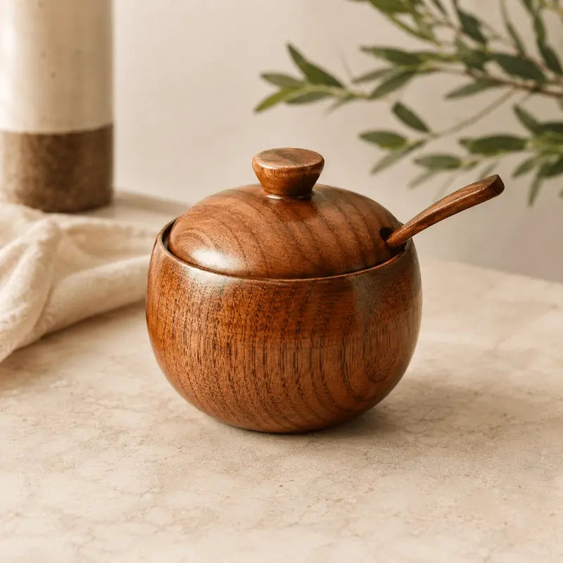 Wooden spice jar with spoon for elegant kitchen storage and organisation
