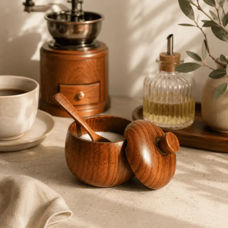 Wooden spice jar with spoon for elegant kitchen storage and organisation